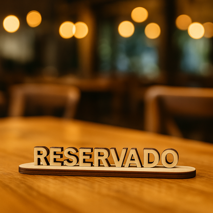 Placa de mesa em madeira com a palavra “Reservado”, ideal para restaurante, hotel ou evento.