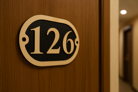 Placa de número de porta em madeira 126, design moderno com relevo, ideal para hotéis e alojamentos locais.