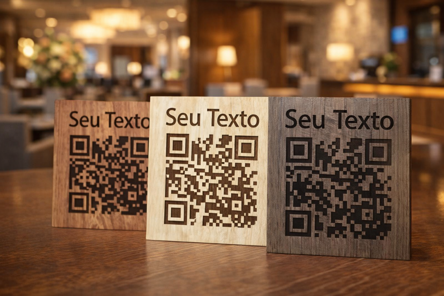 Placa QR Code em madeira personalizada com gravação laser para restaurante e hotel
