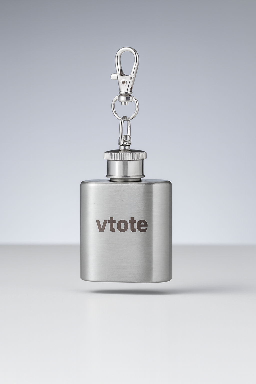 Porta-chaves frasco em aço inoxidável de 30 ml com tampa de rosca, mosquetão giratório e gravação