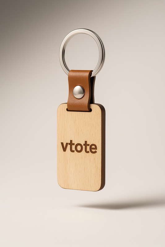 Porta-chaves em madeira clara com alça castanha e gravação laser "vtote", ideal para personalização e brindes sustentáveis.