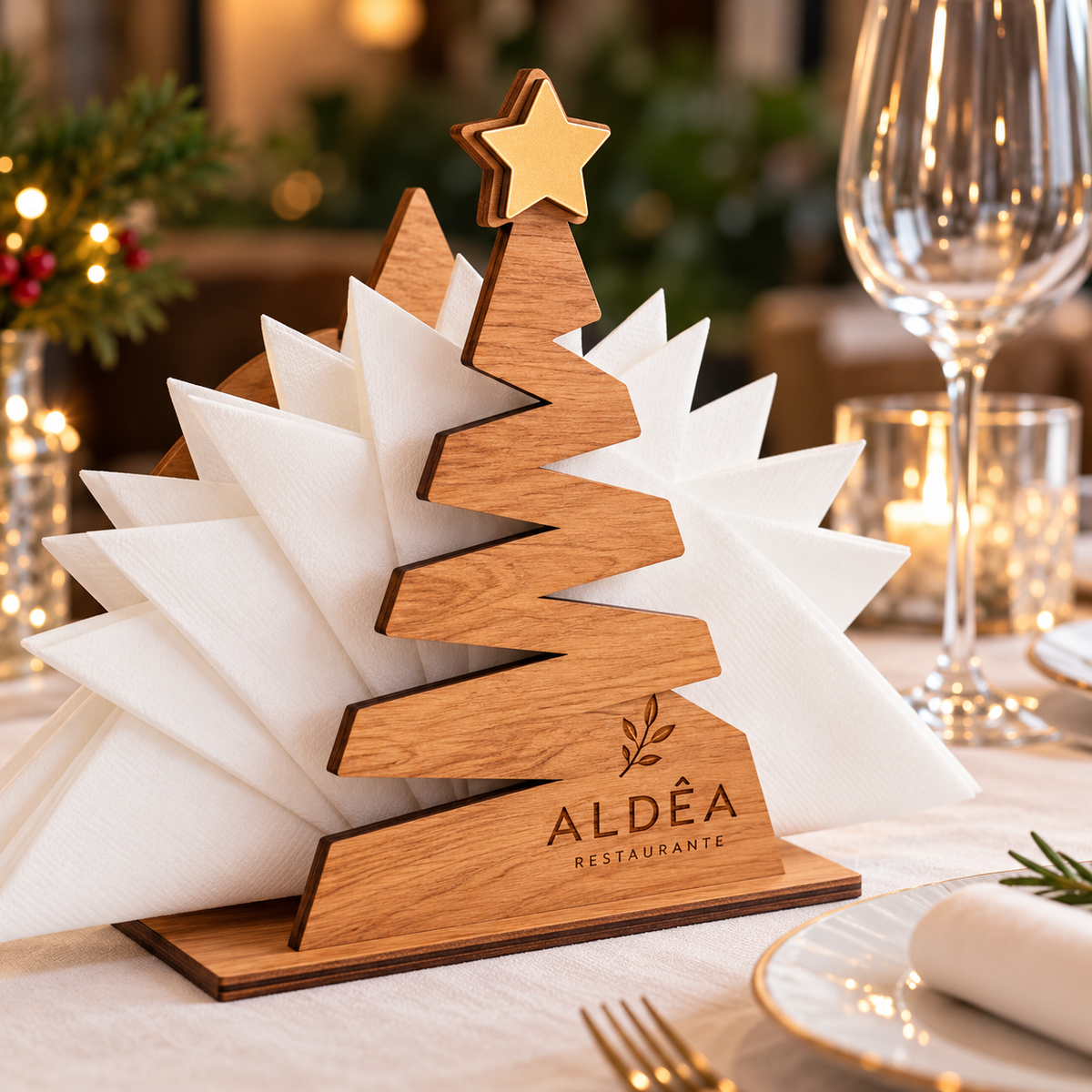 Porta-guardanapos de Natal em madeira em formato de árvore com estrela dourada, personalizado com o logótipo ALDÊA Restaurante através de gravação laser, com guardanapos brancos numa mesa decorada para o Natal.