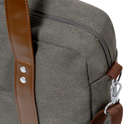 Porta documentos em canvas resistente com alça de ombro ajustável e compartimento acolchoado para portátil até 15”. Ideal para uso profissional ou oferta personalizada com gravação a laser.