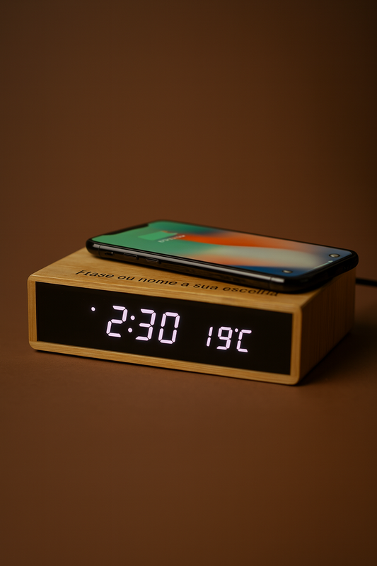 Relógio multifunção em bambu com carregador sem fios 5W, termómetro, data e alarme. Design ecológico e moderno, ideal para mesa de cabeceira ou escritório. Inclui cabo e adaptador USB.