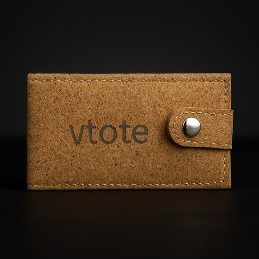 Estojo de cortiça natural com gravação “Vtote”, contendo 6 acessórios de manicure em aço inoxidável — tesoura, pinça, corta-unhas, lima e removedores de cutículas — fotografado em fundo escuro com luz suave.