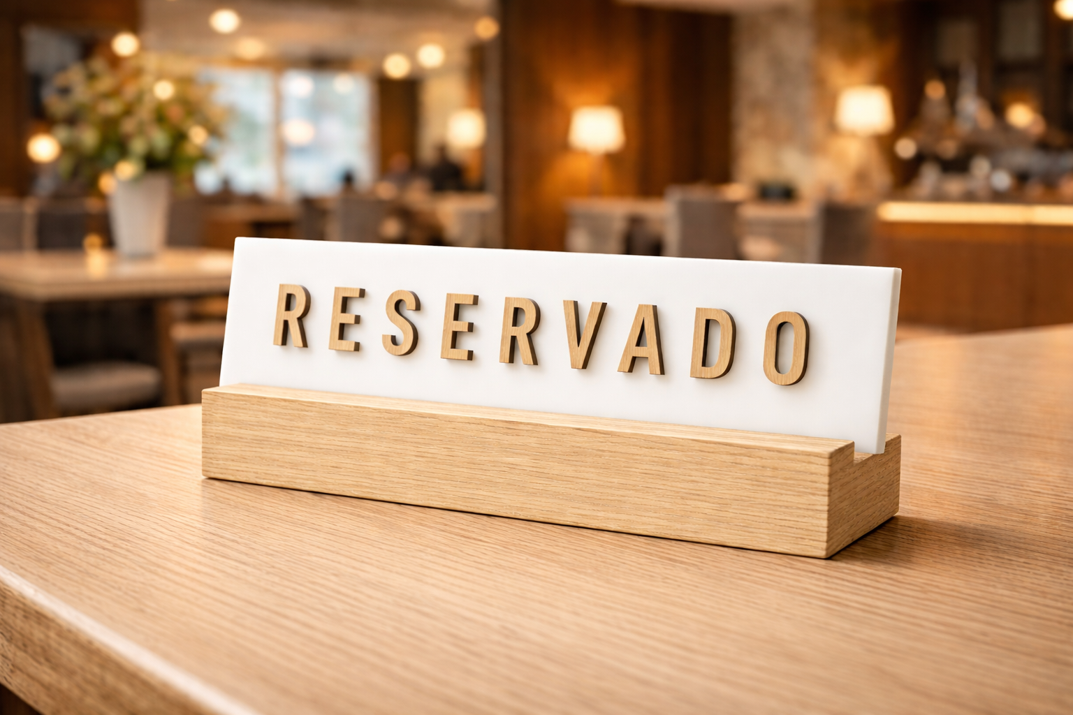 Placa Reservado em madeira e acrílico personalizada para restaurante com letras em relevo