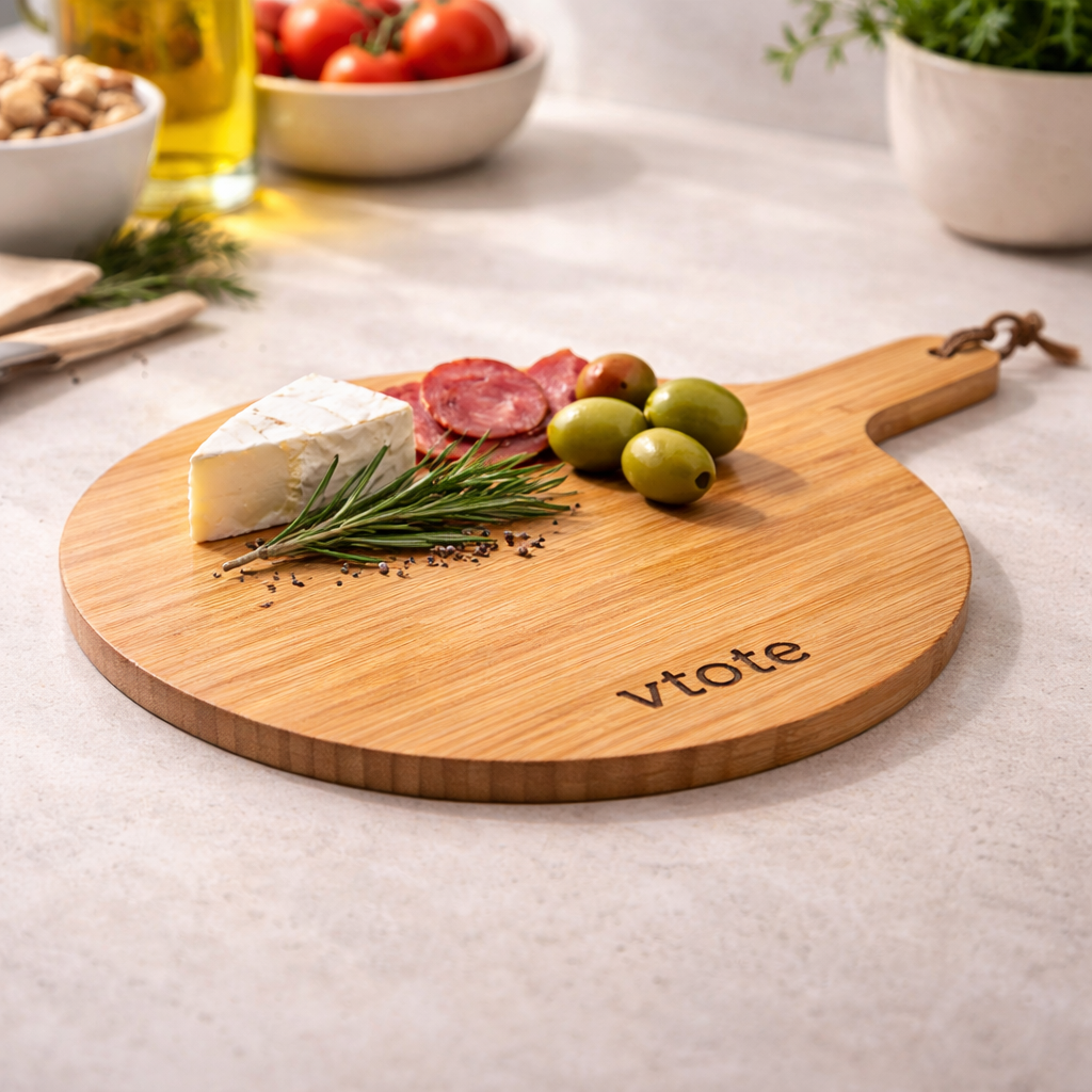 Tábua de servir em bambu natural com asa e gravação laser personalizada Vtote