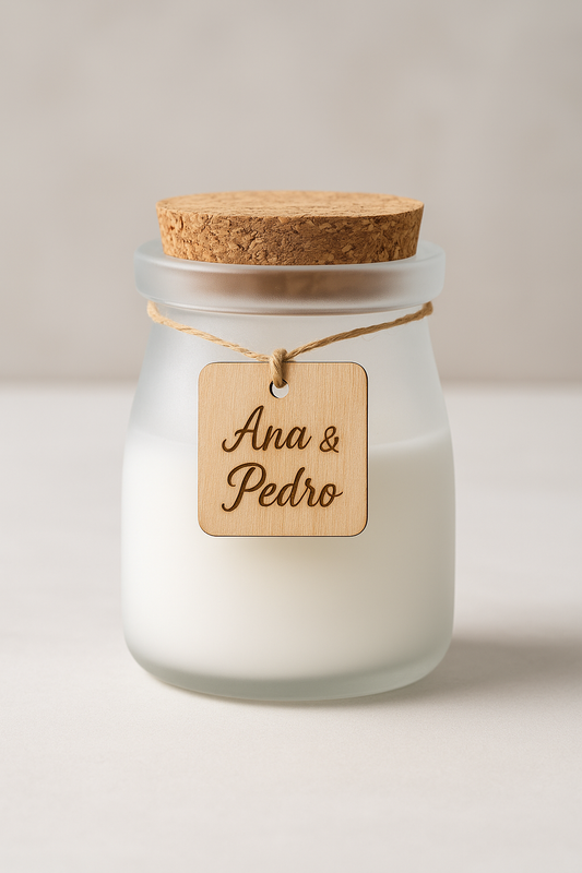 Vela em vidro com tampa de cortiça e etiqueta em madeira personalizada com gravação laser. Um presente perfeito e sustentável para casamentos, batizados ou eventos especiais.