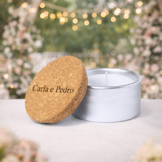 Vela aromatica de baunilha em recipiente de alumínio com tampa em cortiça natural personalizada