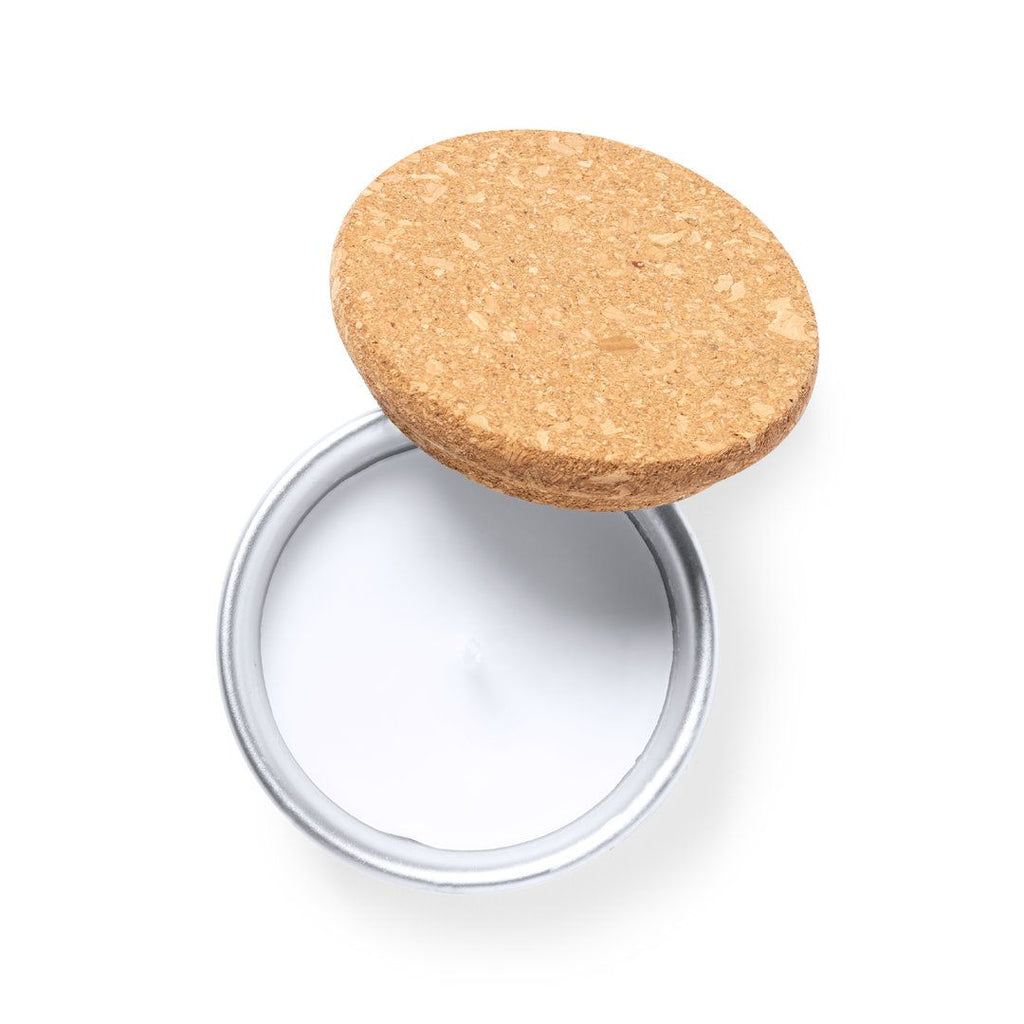 Vela aromática de baunilha em recipiente de alumínio com tampa em cortiça natural personalizada