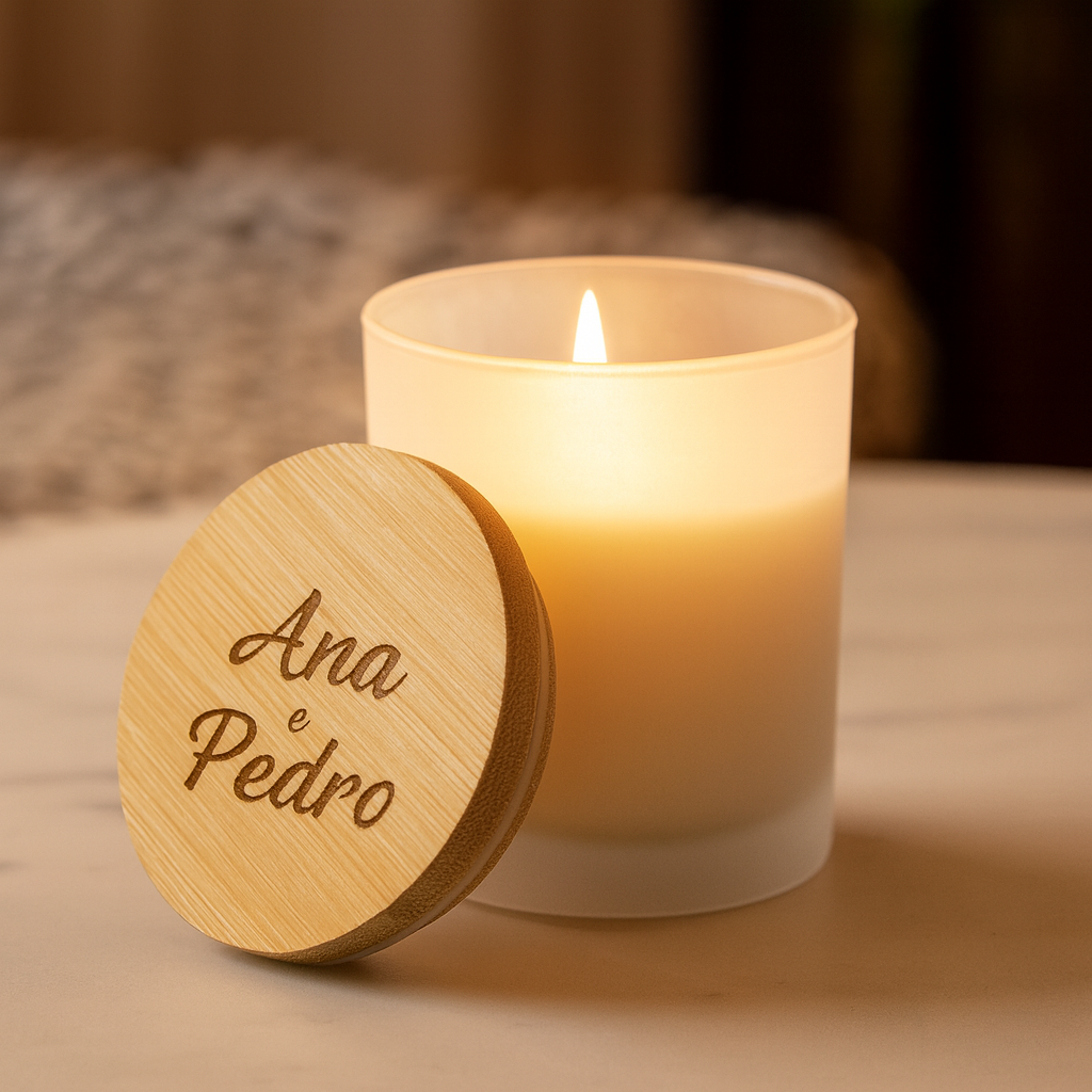 Vela aromática personalizada com tampa de bambu gravada a laser "Ana e Pedro", em copo de vidro fosco e aroma de baunilha, ideal como lembrança de casamento ecológica.