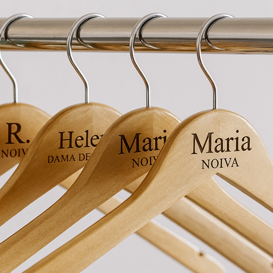 Cabides de madeira personalizados com nomes e funções para noiva e damas de honor