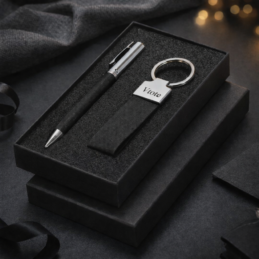 Conjunto RPET sustentável com caneta e porta-chaves personalizados com gravação laser em metal preto