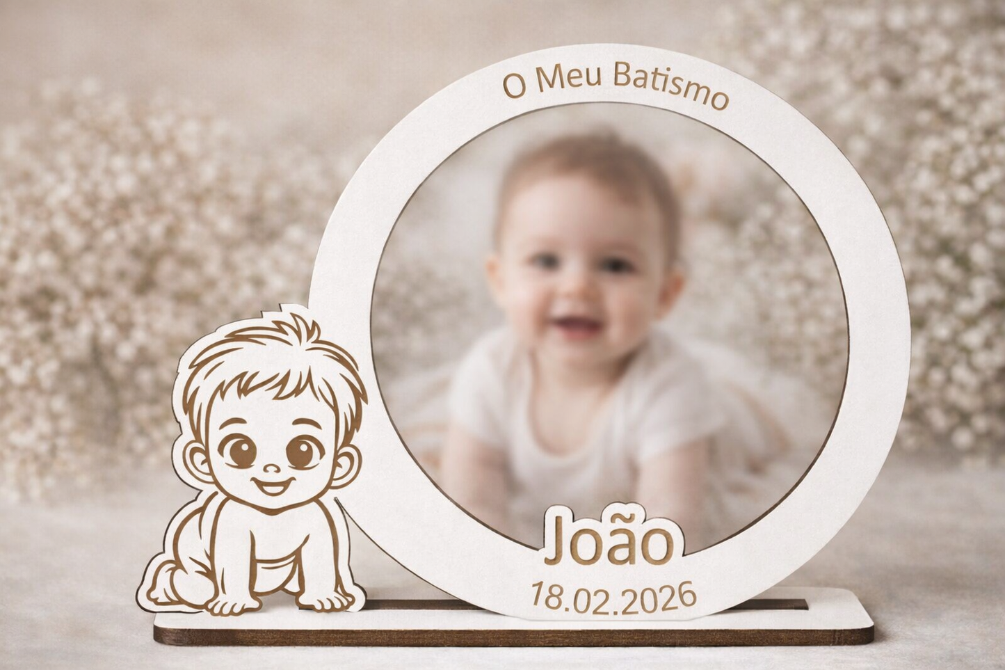 mini moldura personalizada em madeira para lembrança de batismo com gravação laser