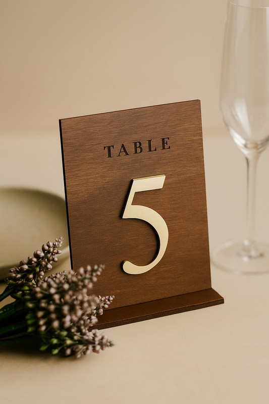 Número de mesa em madeira com acabamento escuro e número 5 em dourado