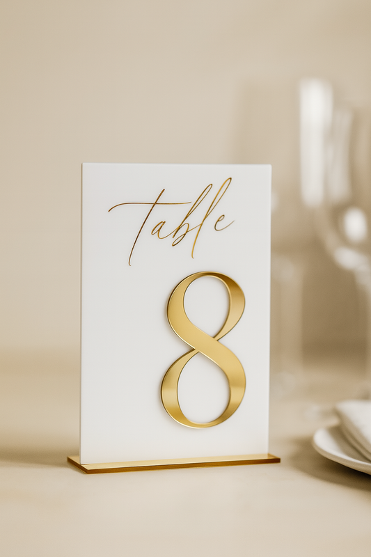 Placa com número de mesa dourado em acrílico para casamento