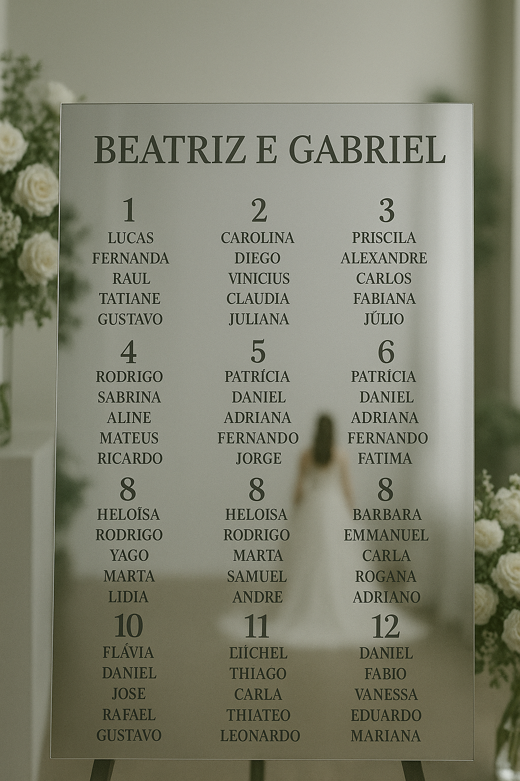 Quadro espelhado personalizado de distribuição de mesas para casamento com nomes dos noivos Beatriz e Gabriel